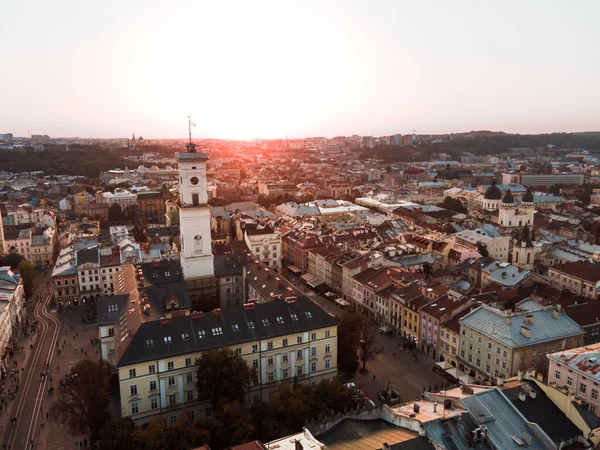 Εναέρια Άποψη Του Δημαρχείου Στην Πόλη Lviv Πρωί — Φωτογραφία Αρχείου