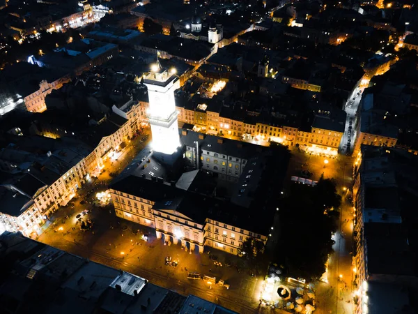 Natt Antenn Utsikt Över Gamla Europeiska Staden Med Trånga Gator — Stockfoto