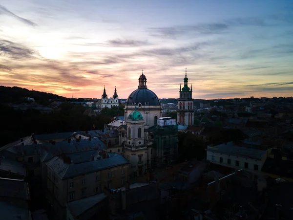 Vista Aérea Ciudad Lviv Espacio Copia Del Amanecer — Foto de Stock