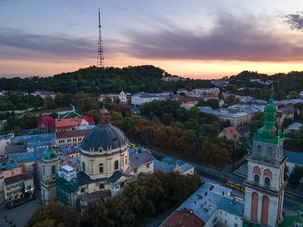 Antenn Utsikt Över Lviv Stad Soluppgång Kopia Utrymme — Stockfoto