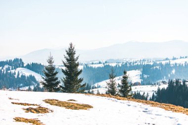 Karlı kış dağlarının manzarası. küçük köy