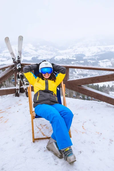 Woman Ski Outfit Sitting Chair Looking Panoramic View Peak Mountain — Stock Photo, Image
