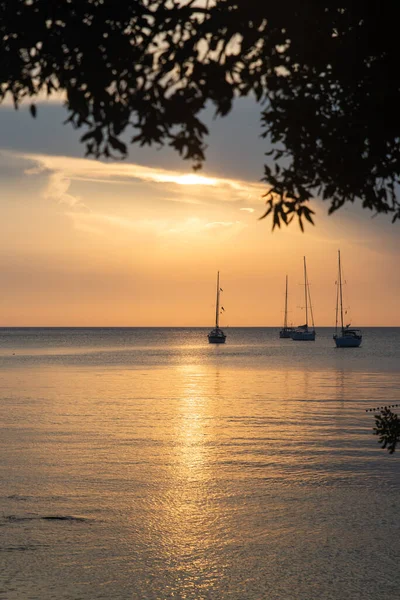 Deniz koyunda günbatımı ve arka planda yatlar. Boşluğu kopyala
