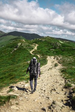 Dağlardaki genç yürüyüşçü. Yaz yürüyüşü yolu. Boşluğu kopyala.