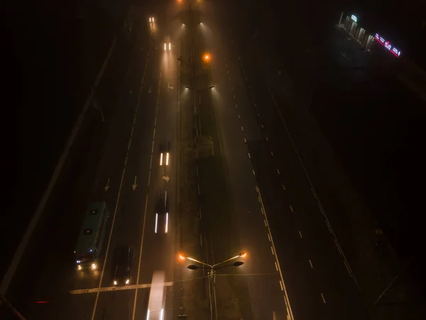 Overhead Top View Night City Road Copy Space Fog Misty — Stock Photo, Image