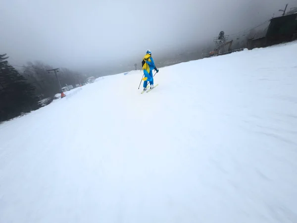 Joven Esquiadora Deslizándose Por Pendiente Nevada Niebla Invierno Tiempo Copia —  Fotos de Stock