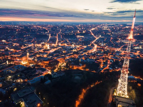 aerial view of high castle and nigh lviv city copy space