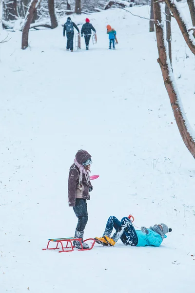 Lviv Oekraïne Januari 2019 Kinderen Glijden Weg Van Besneeuwde Wintertijd — Stockfoto