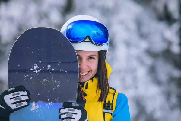 Bonito Mulher Snowboarder Retrato Atividades Inverno — Fotografia de Stock