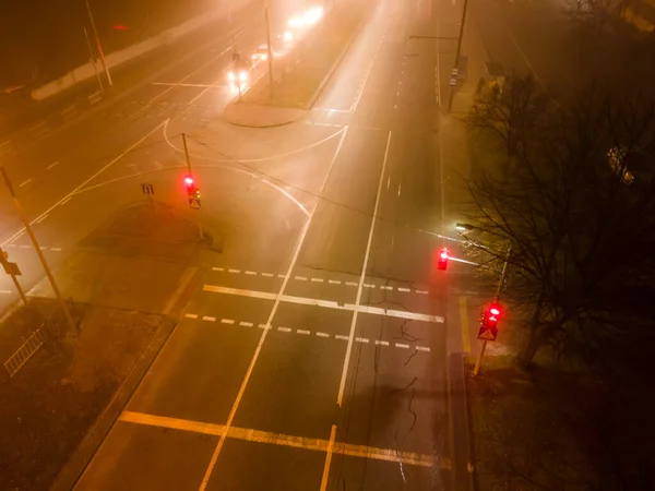 Overhead Top View Night City Road Copy Space Fog Misty — Stock Photo, Image
