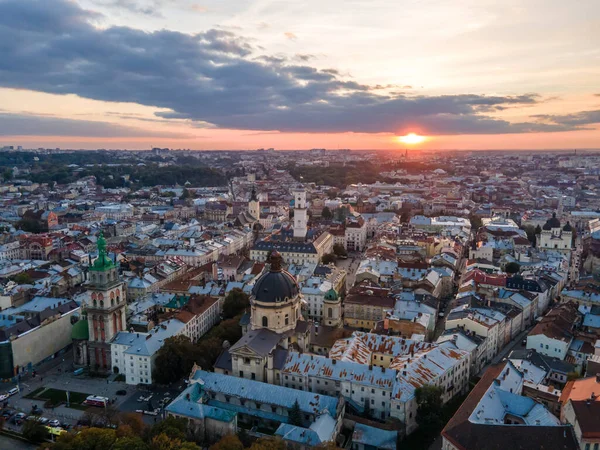 aerial view of sunset above the old european city copy space