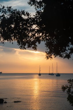 Deniz koyunda günbatımı ve arka planda yatlar. Boşluğu kopyala