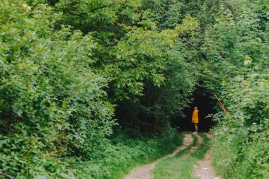 Sarı yağmurluklu adam, ormanın karanlık girişinin önünde zımparalıyor. Boşluğu kopyala