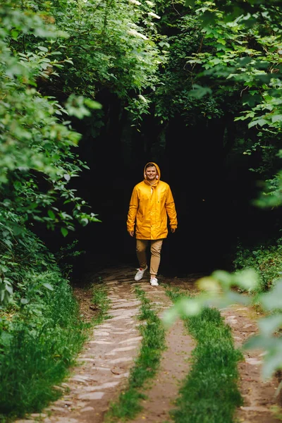 Călător Pelerinaj Galben Drumeții Pădure Ploioasă Copia Spațiu — Fotografie, imagine de stoc