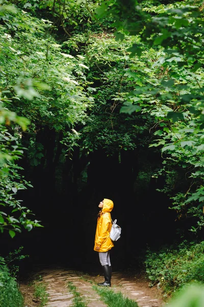 Mulher Capa Amarela Andando Pela Floresta Chuvosa Visão Traseira Espaço — Fotografia de Stock