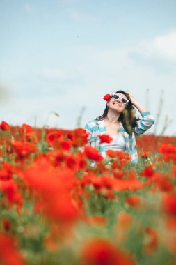 Haşhaş çiçekleri tarlasında güneş gözlüklü genç ve güzel bir kadın. kopyalama alanı. yaz zamanı