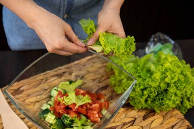 Yaz salatası, salatalık ve domatesleri cam kasede pişirmek.