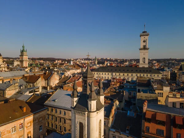 Aerial View Sunset Old European City Church Bell Tower Architecture — Stock Photo, Image