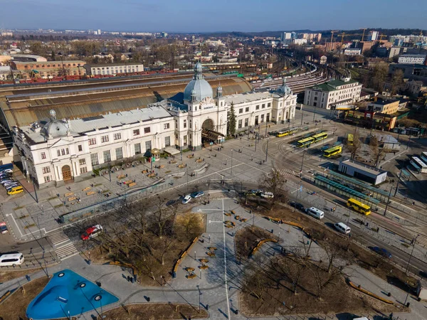 aerial view of railway station copy space