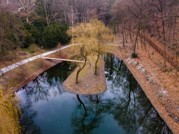 Vista Aerea Del Lago Parco Della Città Nello Spazio Copia — Foto Stock