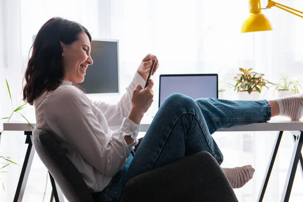 Woman Freelancer Sitting Working Place Surfing Internet Phone Copy Space — Stock Photo, Image