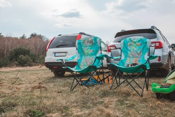 Resting Outdoors Suv Cars Camping Chairs Copy Space — Foto Stock