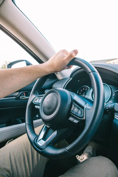 Man Hands Steering Wheel View Car Travel Sunny Day — Stock Photo, Image