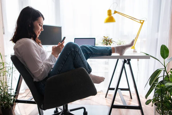 Woman Freelancer Sitting Working Place Surfing Internet Phone Copy Space — Stock Photo, Image