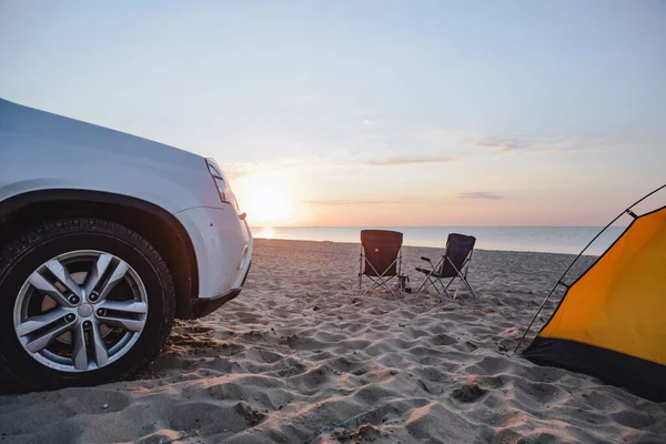 Car Sandy Beach Camping Chair Sunrise Sea — Stock Photo, Image