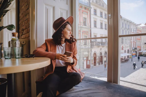 Beautiful Woman Sitting Cafe Looking Big Window Copy Space — Stock Photo, Image