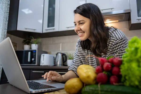 Woman Cooking Checking Recipe Laptop Copy Space — Stock Photo, Image