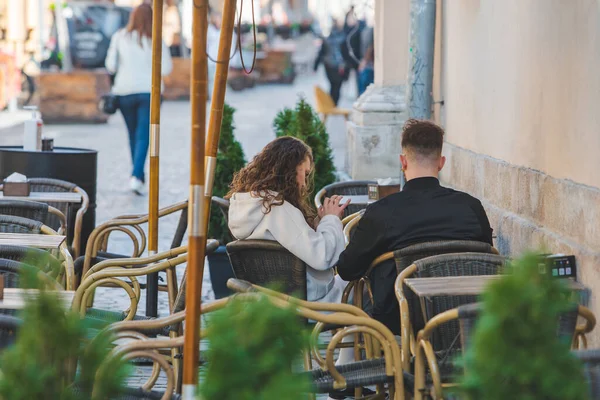 Lviv Ukraine April 2021 People Sitting Outdoors Cafe Copy Space — Stock Photo, Image