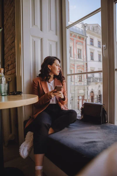 Beautiful Woman Sitting Cafe Looking Big Window Copy Space — Stock Photo, Image