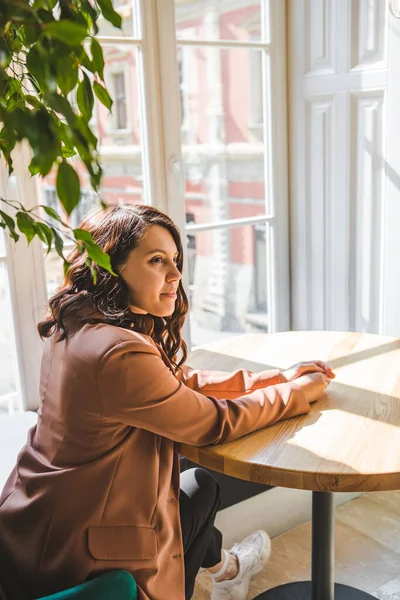 Woman Sitting Cafe Window Copy Space Waiting — Stock Photo, Image