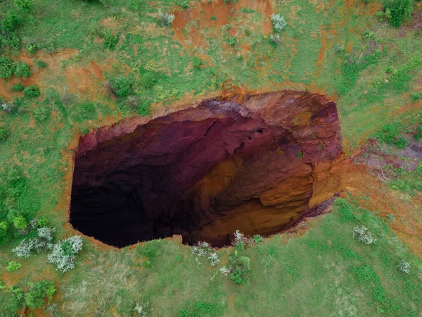 Overhead View Collapsed Mine Big Hole Land — Stock Photo, Image