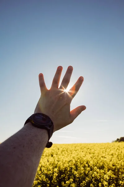 Mãos Homem Com Relógio Pulso Raios Sol Vai Embora Dedos — Fotografia de Stock