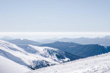 Kışın panoramik manzarası karlı dağların doğadaki güzelliği. Boşluğu kopyala