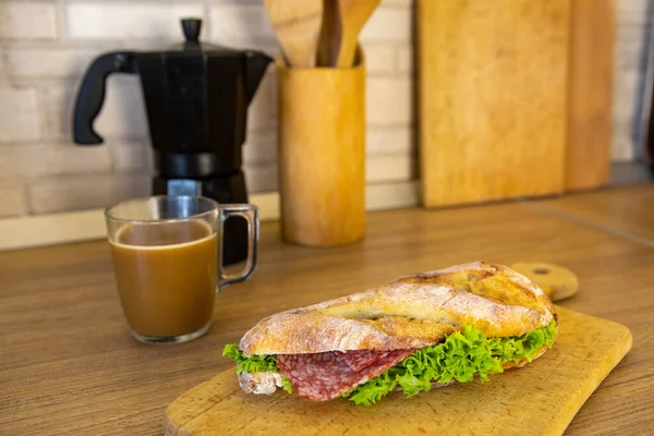 Morning Breakfast Sandwich Coffee Mug Close — Stock Photo, Image