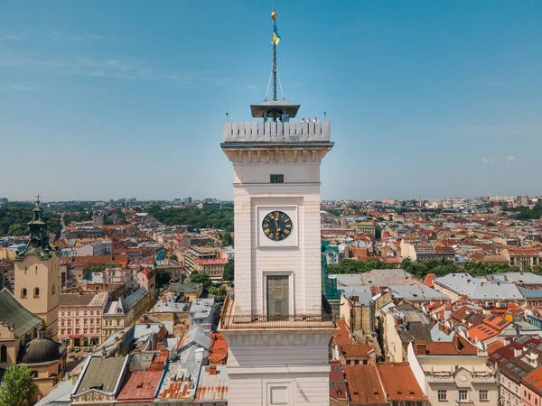 Vista Aérea Lviv Cidade Salão Sino Torre Edifício Cópia Espaço — Fotografia de Stock