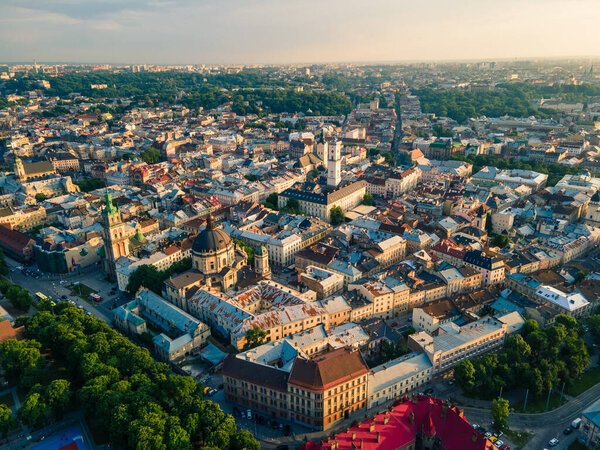 Aerial view of lviv city at summer time copy space