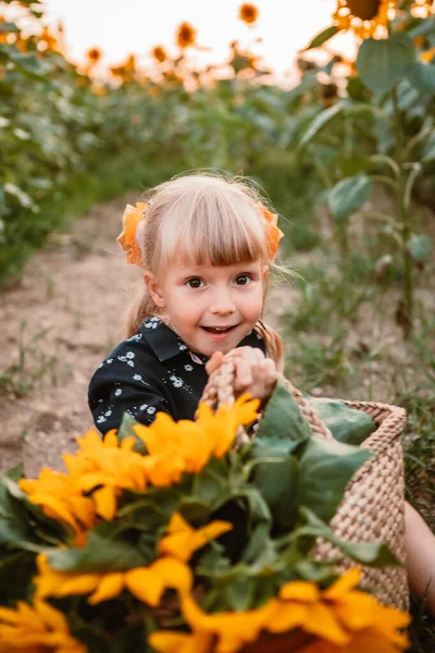 Kleines Süßes Jähriges Mädchen Sonnenblumenfeld Bei Sonnenuntergang Porträt — Stockfoto