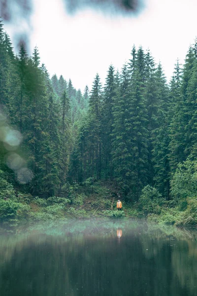 Man Hiker Yellow Raincoat Looking Mountain Lake Traveler Concept Copy — Stock Photo, Image