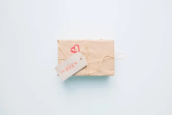 Cadeau Boîte Enveloppée Avec Papier Artisanal Ruban Vue Dessus — Photo