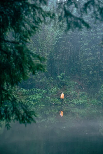 Чоловік Ходить Жовтому Плащі Дивлячись Гірське Озеро Мандрівник Концепція Копіювання — стокове фото