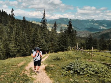 Dağlardaki genç yürüyüşçü. Yaz yürüyüşü yolu. Boşluğu kopyala.