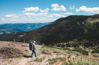 Dağlardaki genç yürüyüşçü. Yaz yürüyüşü yolu