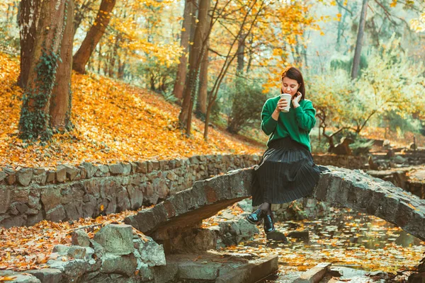 Νεαρή Όμορφη Γυναίκα Κάθεται Μικρή Πέτρινη Γέφυρα Στο Δημόσιο Πάρκο — Φωτογραφία Αρχείου