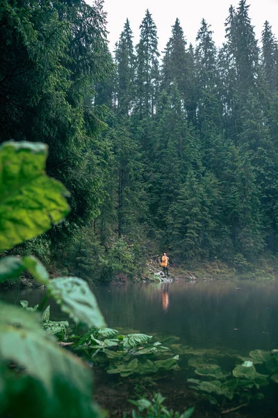 Man hiker in yellow raincoat looking at mountain lake — Stock Photo, Image