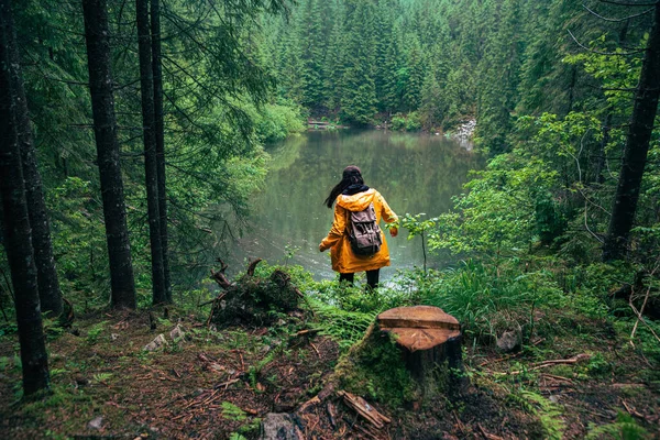 Femeie drumeție cu rucsac în haină de ploaie galbenă uitându-se la lac — Fotografie, imagine de stoc