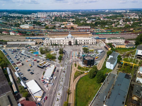 Flygfoto Över Staden Transport Nav Järnväg Spårvagn Busstation Kopieringsutrymme — Stockfoto